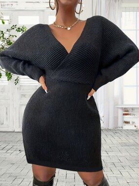 Black Long Sleeve Knit Wrap Dress